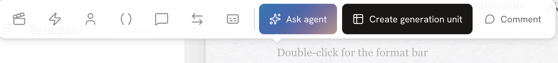 The format bar, with buttons for scene, action, character, parenthetical, dialogue, transition, and subtitle