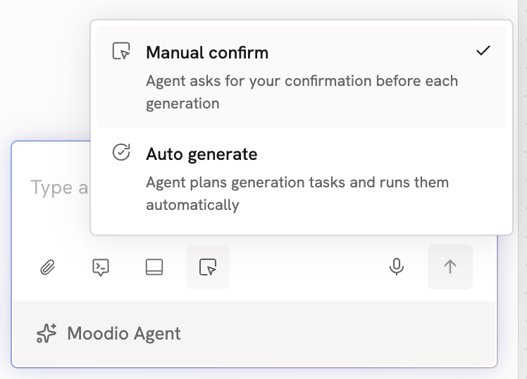 The Agent mode menu, for switching between Manual confirm and Auto generate