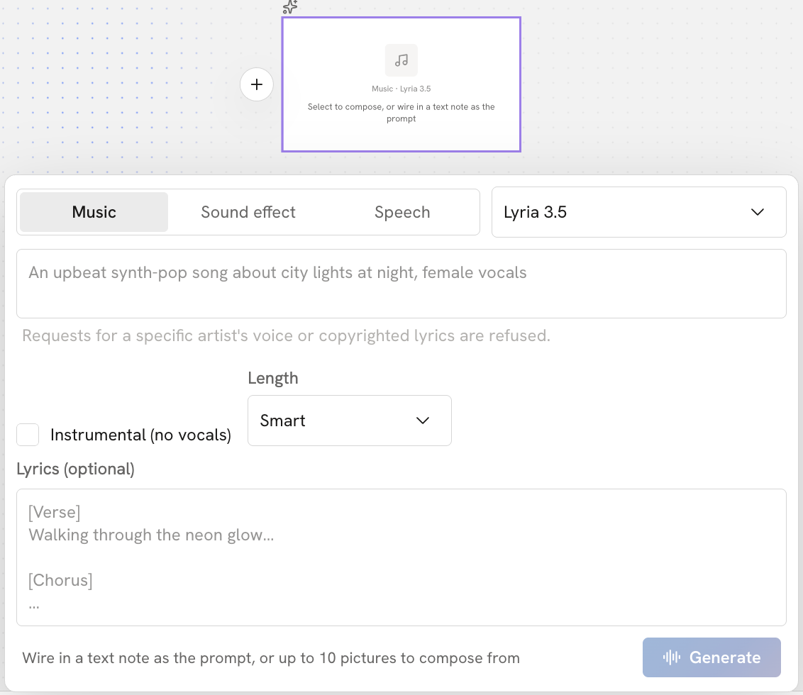 An audio node on the canvas with its panel open, where you switch between Music, Sound effect, and Speech