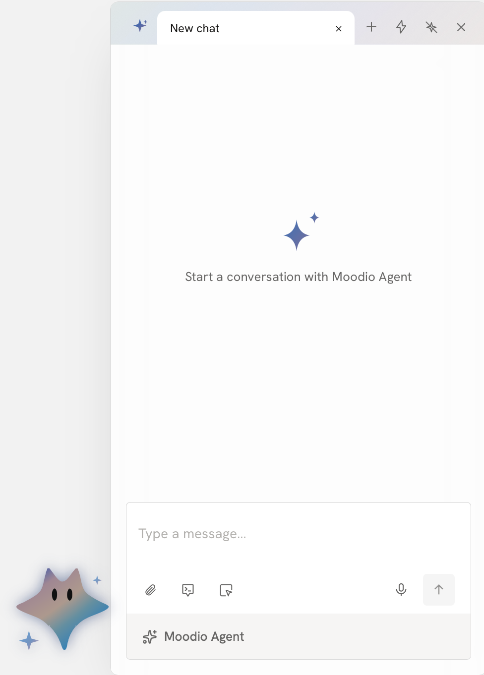 The Moodio Agent mascot, and the chat panel that opens when you click it