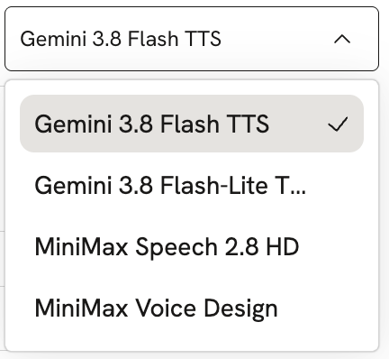 The speech model menu, listing Gemini and MiniMax speech models