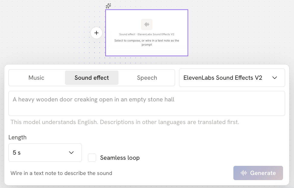 The audio node set to Sound effect: model, sound description, Length, and Seamless loop