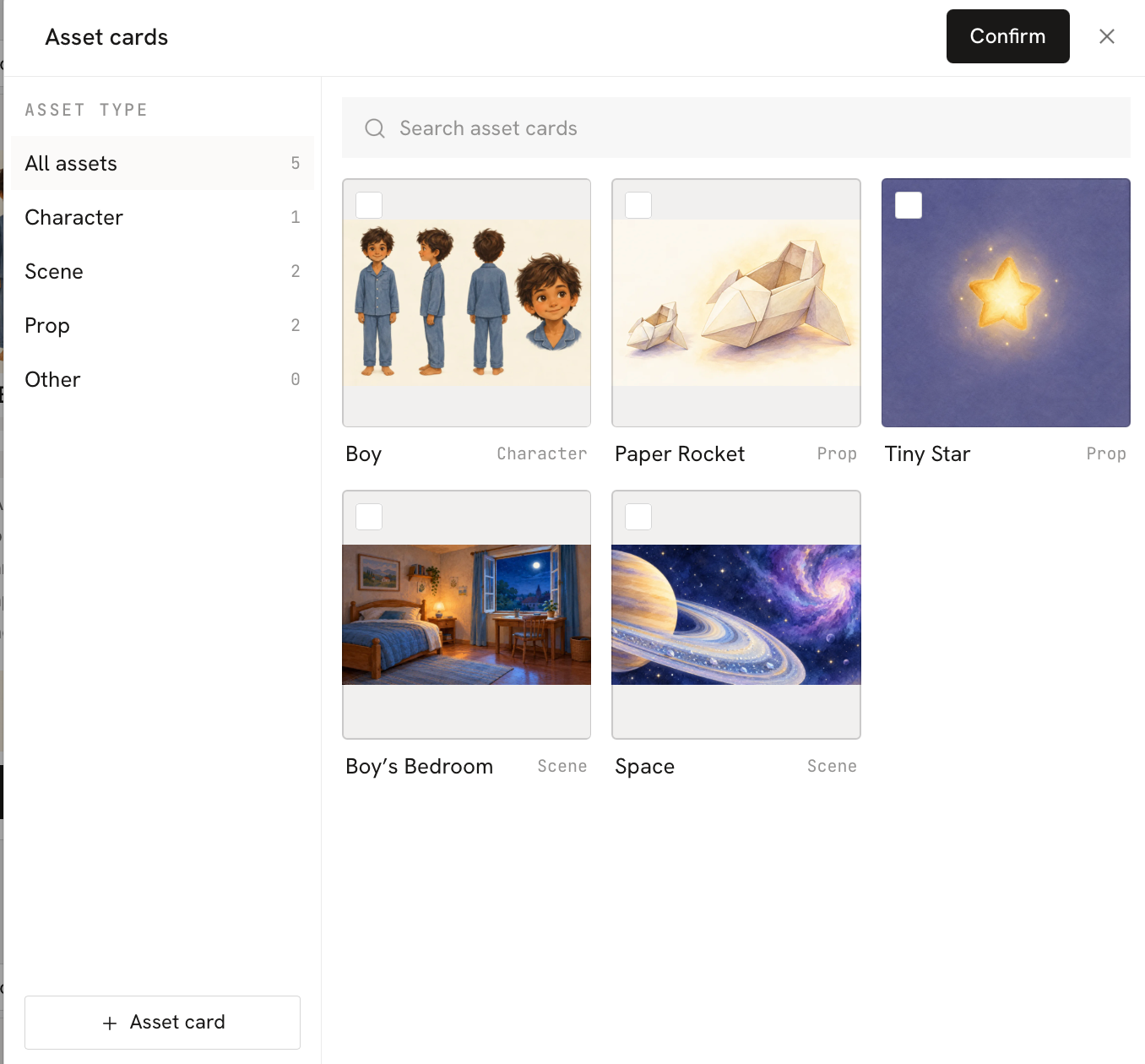 The asset cards window, where you filter by type, search, and select the asset cards to link to the chat