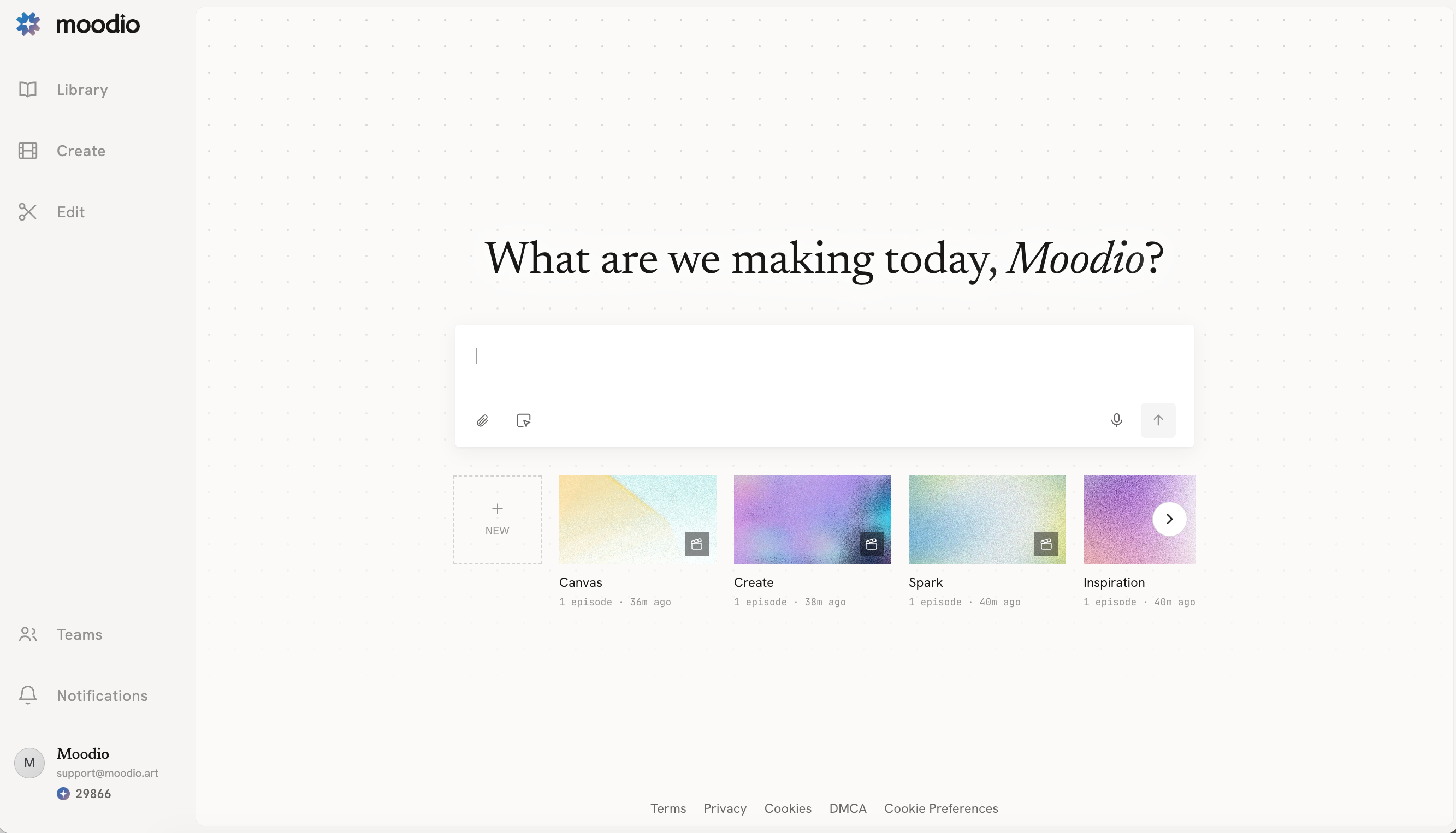 The input box on the Moodio home page, where you can start a chat with Moodio Agent