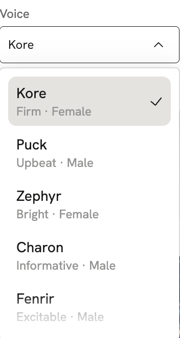 The Voice menu, with each voice's tone and gender under its name