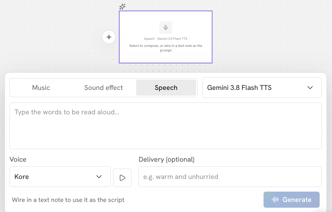 The audio node set to Speech: model, the text to speak, and Voice