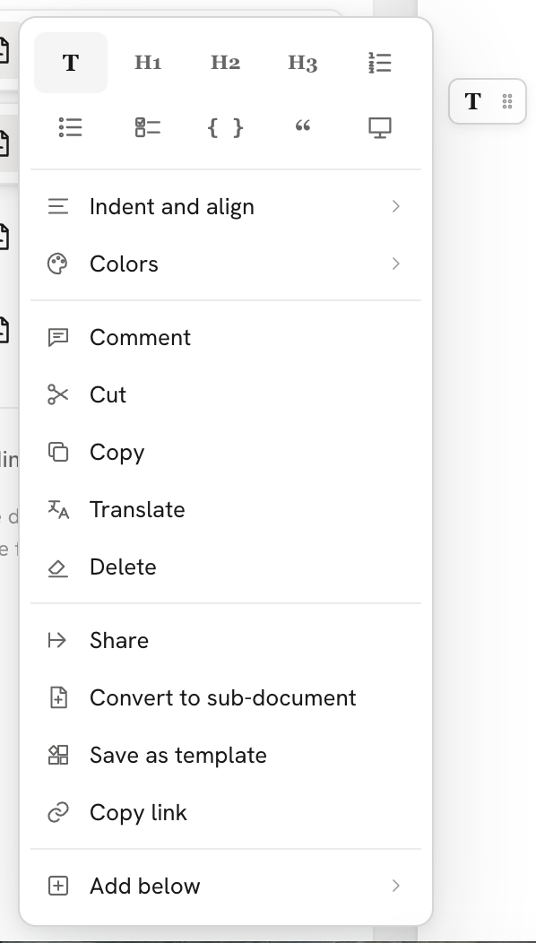 The tool menu, with block types, indent and align, and colors, plus comment, copy, translate, delete, share, and more