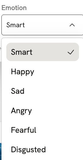 The Emotion menu: Smart, Happy, Sad, Angry, and more